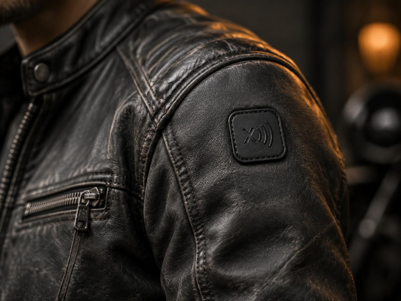 An x))) NFC patch stitched onto the shoulder of a motorcycle jacket