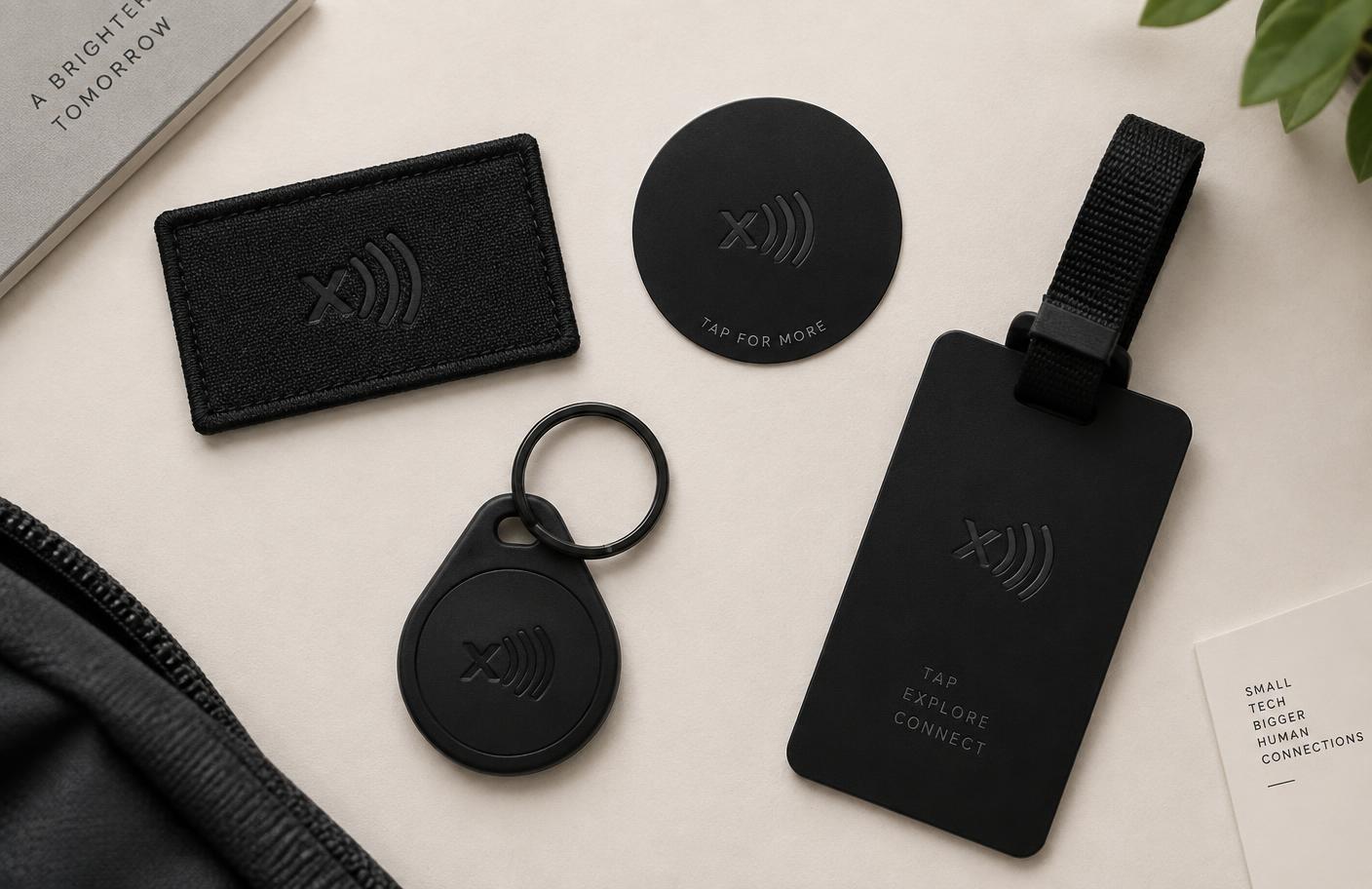 Sew-on patch, helmet tag, keyring fob and luggage tag, each marked with the x))) symbol